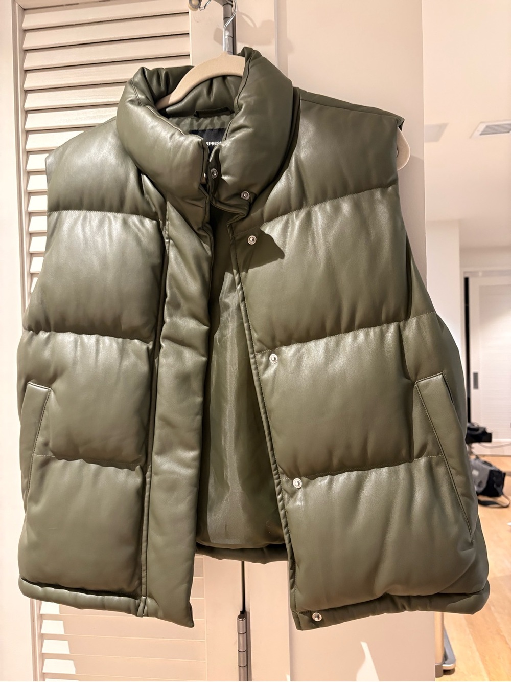 New without Tag Express Olive Faux Leather Puffer Vest